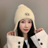 Bonnyshow Winter Knit Wool Ear Protection Hats for Women Warm Thicken Plush Lining Beanie Cap with Earflap Outdoor Female Earmuff Hats