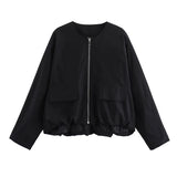 Bonnyshow Minimalism Short Women's Jackets Solid Color Casual Jacket Women Loose Cardigan Coat Women Fashion O-neck Pleated Hem Jackets