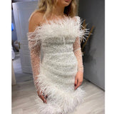 Bonnyshow Luxury Beaded Lace Sheath Short Cocktail Dresses With Feather Details Full Sleeves Sparkle Mini Maxi Dresses