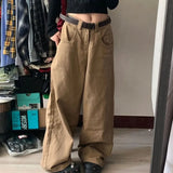 Bonnyshow Y2k Vintage Brown Woman's Cargo Jeans Oversize Japanese 2000s Style Spring Trousers Harajuku Korean Wide Denim Pants