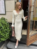 Bonnyshow Ruffled Patchwork Knit Maxi Dress For Women Elegant Ribbed Long Sleeve Party Dress Gown Slim Knitwear Fashion Long Dress