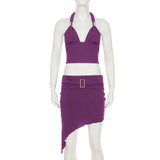 Bonnyshow  Summer Skirts Two Piece Sets For Women Sexy Backless Sleeveless Halter Cropped Tops&Irregular Mini Skirt Suits Holiday