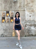 Bonnyshow  Summer Women Office Lady French Elegant Vintage Old Money Striped Suit Old Money Outfits 2 Piece Set Hot Tank Top + Mini Skirt