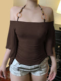 Bonnyshow  Fashion Beading Slim Fit Chic Women Halter Tops Bating Sleeve Solid Causal Simple Slash Neck Blouses