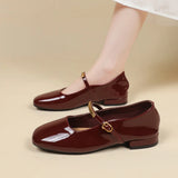 Bonnyshow  Shallow single shoes women 2025 summer new red patent leather evening style square head low heel flat Mary Jane shoes