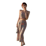 Bonnyshow  Two-Piece Suit Women'S Hollow Out Knitted Rainbow Stripe Camisole Top And Skirt Set Mid Length Skirt Summer Vacation Tops New