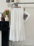 Bonnyshow  French Elegance Women Midi Skirts Y2K Summer Streetwear Patchwork A Line Pleated Skirts High Waist Loose All-Match Long Skirts