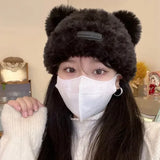 Bonnyshow Cute Bear Plush Beanie Cap Women Winter Warm Thicken Faux Fur Hat Korean Solid Color Cartoon Ears Female Skullcap Bonnet