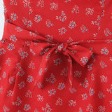 Bonnyshow  Sexy Red Floral Print Ruched Chest Deep V neck Short Sleeve Mini Dress Woman Tie Bow Sashes A-lined Dresses Femme Vestidos