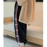 Bonnyshow  Korean Casual Bow Knot Plush Sweatpants Drawstring Striped Jogger Pants Cute Harajuku Trousers High Waist Loose Pants For Women