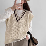 Bonnyshow  Vintage V-neck Knitted Cashmere Vest  for Women  Autumn New College Style Twists Sweater Waistcoat Sleeveless  Pullover Tops