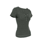 Bonnyshow Women's Sexy V-Neck T-shirt New Solid Summer Short Sleeve Tees Fashion Button Top Casual Slim Streetwear Female Knitted T-shirt