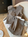 Bonnyshow  Coffee Linen Skirt Set Sleeveless Top Vest Short Skirts Summer New Fashion High End Casual Commuting Two Piece Set Women Outfits