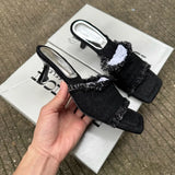 Tassel Denim Slippers Women Summer Vintage Blue High Heels Sandals Casual Streetwear Heeled Ladies Shoes Fashion Slides New 2025