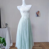 Bonnyshow  Delicate Green Spaghetti Strap A-Line Tulle Dress Elegant Women's Lace Romantic Evening Party Dresses Chiffon Gown