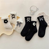 Bonnyshow Warm Coral Velvet Socks for Women Kawaii Flower Bows Mid Tube Sock Lady Thicken Warm Plush Sleep Home Floor Socks