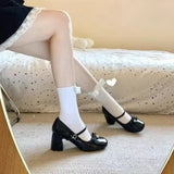 Bonnyshow  Spring and Summer French Thick Heel Mary Jane Shoes Women's Spring Light Mouth High Heels Bow Single Shoes