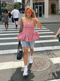 Bonnyshow  Print Red White Checkered Chest Wrap Pleated Fluffy Hem Sleeveless Backless Vacation Versatile Beach Party Trend Tops