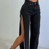 Bonnyshow Double Side High Slit Denim Trousers Spring and Summer Street Trendy Sexy Open Leg Pants Female Y2k Jeans