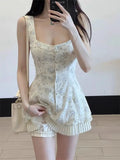 Bonnyshow  Two-Piece Floral Suspender Dress Slim Leggings For Women Summer New Holiday Dress French Princess Short Party Dresses
