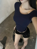 Bonnyshow  New Navy Blue Off Shoulder Pure Cotton Short Sleeve T Shirt Women Summer Korean Style Short Top