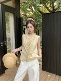 Bonnyshow  Summer New Gentle Temperament Slimming Wood Ear Slimming V-Neck Sleeveless Shirt For Women