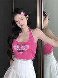 Bonnyshow  Cropped Small Sling With Neck Hanging Tank Tops For Girls Sexy Sleeveless Halter Basic Tees Spaghetti Strap Cute Summer Backless