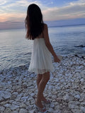 Bonnyshow  Women White Pleated Backless Sling Dress Elegant Patchwork Wrapped Chest Sleeveless Mini Dresses Summer New Vocation Beach Robe