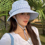 Bonnyshow Japanese Plaid Bucket Hat Summer UV Sunscreen Beach Hat Female Ins Bow Knot Big Brim Fisherman's Hat Beach Accessories