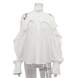 Bonnyshow spring French design fashionable halter top ruffled round neck off-shoulder long-sleeved high-end white shirt