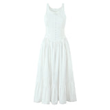 Bonnyshow  Bohemian Style Bow O Neck White Midi Dress Women Front Lace Up Bandage Sleeveless Casual Summer Dresses Holiday Robe