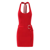 Bonnyshow  3 COLORS Sexy Knitting Tie Bow Halter Collar Dress Women Lacing Up Bow Belt Skinny Package Hips Short Knit Dresses Tank Robe