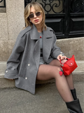 Bonnyshow  Autumn Woolen Blazer Jacket For Women Fashion Turn Down Collar Double Breasted Lady Chic Street Solid Long Sleeve Outerwear
