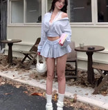 Bonnyshow  Loose Casual Blouse Stripe Shirts Mini Skirt 2 Pieces Sets Women Suit Spring Summer High Waist Short Skirt Set
