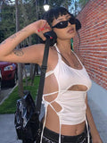 Bonnyshow Y2K Sexy Backless Summer Crop Top Women Hollow Out White Sleeveless Bandage Halter Tank Tops Streetwear Cami 90s