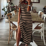 Bonnyshow Round Short Sleeve Dress Black And White Striped Dresses Casual Elegant Side Split V Neck Sheath Slim Dress Summer Bodycom Dress