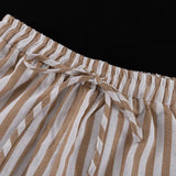 Bonnyshow  Brown Striped Thin Trouser 2 Piece Set Women V-neck Half Sleeve Lace-up Cardigan Blouse Summer Simple  Fashion Casual Pants Sets