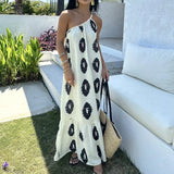 Bonnyshow  Women's Summer Sleeveless Maxi Dress Fashionable Printed Bohemian Style One Shoulder Spaghetti Strap Beach Dress