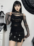 Bonnyshow Gothic Mesh Hole Long Sleeve T-Shirts Women's Mock Neck Slim Fit Fishnet Sheer Blouse Cut Out Rave Tops See Through Top