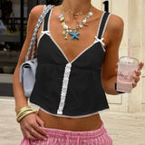 Bonnyshow  Women's Fairy 2000s Summer Tops Mini Bows Straps V Neck Crop Tops Open Back Lace Trim Button Tank Tops Streetwear