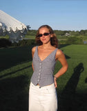 Bonnyshow  plaid shirt women sleeveless V-neck buttons down chic shirt cotton spring summer tops