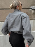 Bonnyshow Solid Color Short Women's Jacket Stand Collar Casual Loose Long Sleeve Jackets Fashion Vintage Grey Single Breasted Women Coat