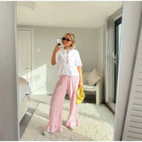 Bonnyshow  Sweet Plaid Printed Flare Pants Fashion Loose Women's Curg Edge Trousers New Female Summer  BabYoungHighstreet Long Pant 2025