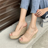 Bonnyshow  Summer Peep Toe Buckle Strap Women Slippers Fashion Solid Platform Wedges Heels Rattan Weave Sandals Shoes