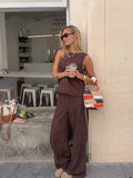 Bonnyshow  Summer Women Casual Vest Set Sleeveless Round Neck Loose Top Brown Jacquard Wide Leg Pant Streetwear Outfit Lady Daily Wear