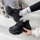 Bonnyshow  New Women New Fashion Platform Sport Shoes Women Summer Black Casual Chunky Sneakers Women Mesh Leather Platform Shoes