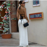 Bonnyshow  Summer Halter Knitted Long Dress Elegant Backless Sleeveless Patchwork Women Maxi Dresses Fashion Deep V Neck Beach Robes