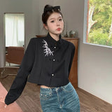 Bonnyshow Chinese Style Retro Print Blazer Mujer Y2k Stand Single Breasted Blusas Mujer New Long Sleeve Shirts