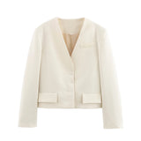 Bonnyshow  Elegant Covered Button Short Women's Jacket Solid V-neck Full Sleeve Pockets Coats Female 2025 Spring Autumn Lady Streetwears