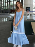 Bonnyshow  Chic Blue Patchwork A-line Long Dress Elegant Sleeveless Off Shoulder Loose Dresses For Women 2025 Summer Vacation Beach Gowns